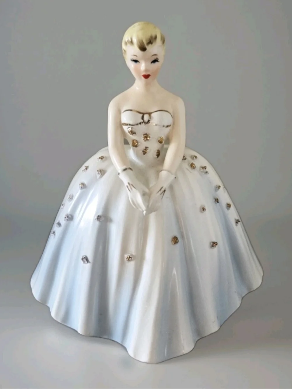Vtg 50s Porcelain Ceramic Makeup Figurine/Storage, Brush,Jewelry